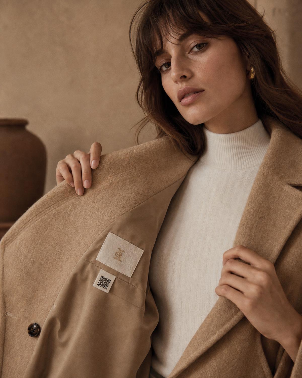 A woman holding open a camel wool coat, showing the woven brand label with a small printed QR code tag stitched below it