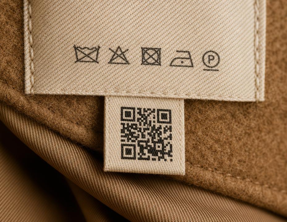 Close-up of a garment care label with a QR code tag sewn beneath it