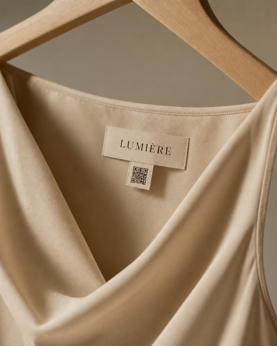 Bone silk slip dress on a hanger with a small square code woven onto a tag under the brand label